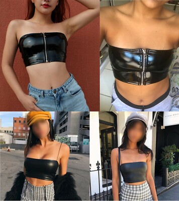 SeXy Wetlook PU Leder Bandeau Crop Tank Top Shirt Bustier Bauchfrei GoGo SeXy