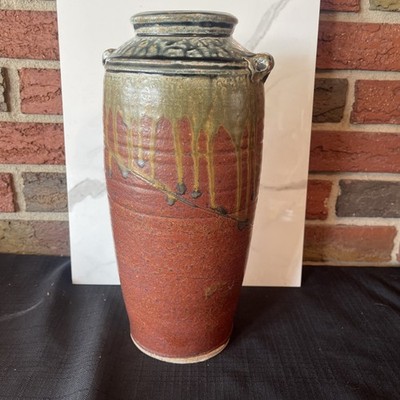 VTG Pottery Vase Brown Glaze Unknow Signed 13  Tall - Wood Fired Pottery Vase