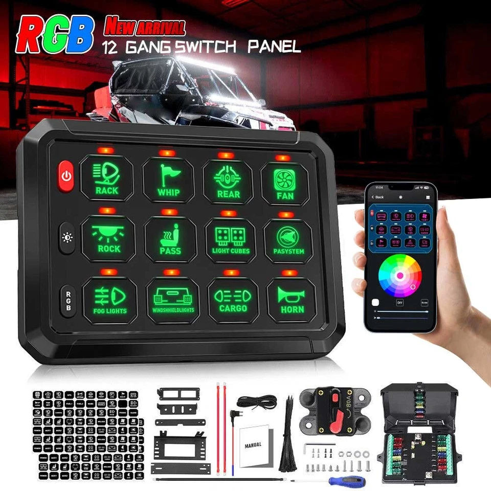 12 Gang Switch Panel LED Light Bar Electronic Relay System App Control 12/24V Foto 2 de 4