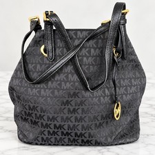 Michael Kors Jet Set MK Signature Jacquard Grab Bag Tote Black Gold Hardware