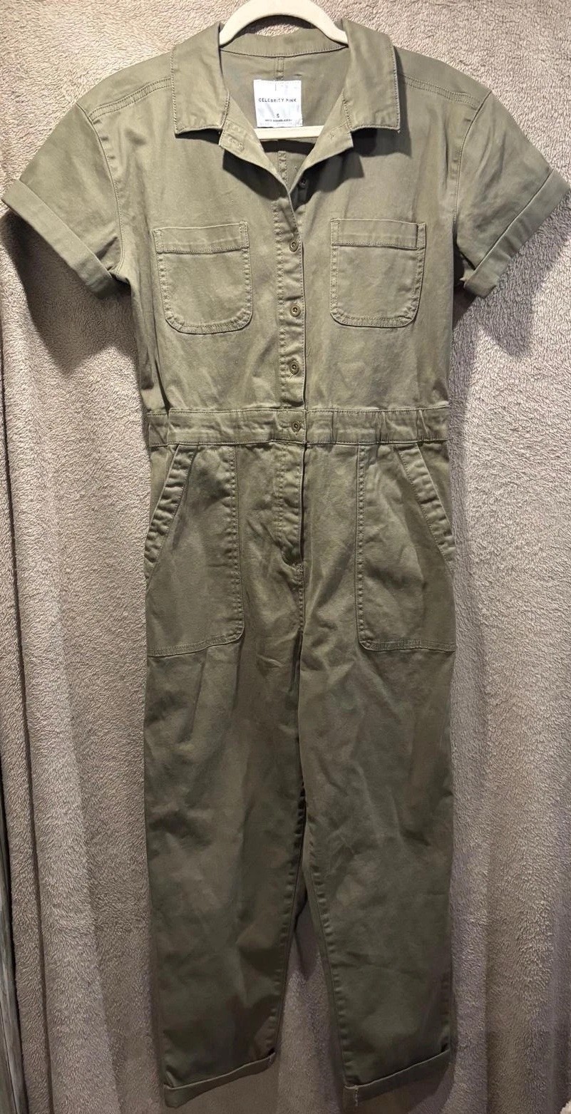 Celebrity Pink Olive Green Utility Jumpsuit Short Sleeve Boiler Suit Size Small