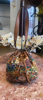 FOSSIL MADDOX Drawstring Multicolor Tan Leather Trim Bucket Bag ZB4960 EUC! $218