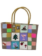 Handmade Vintage Needlepoint Patchwork Double gold chain handles Tote Bag SKU 94