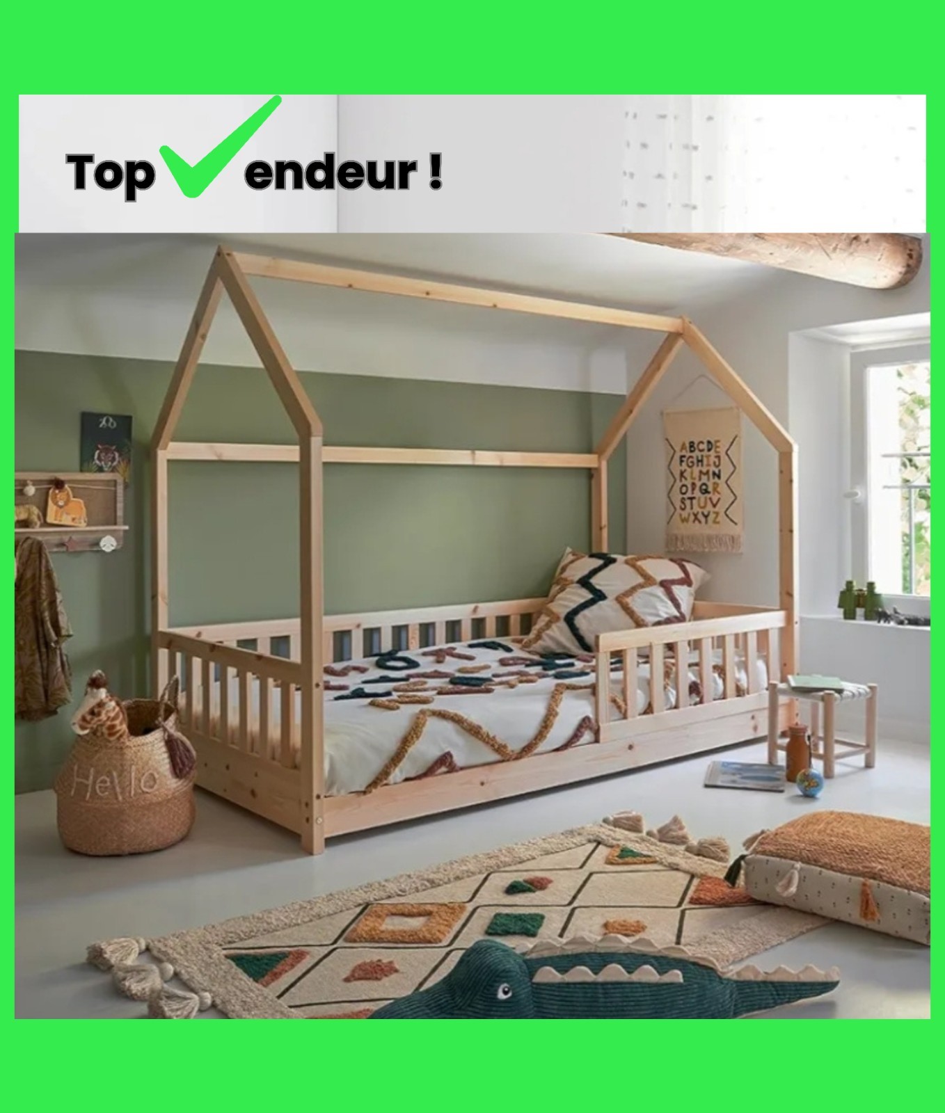 Lit cabane enfant Montessori en bois naturel avec barrière de sécurité 90x190