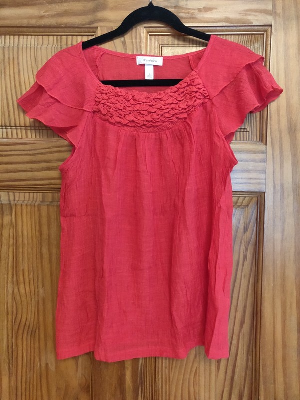DRESSBARN Women's Coral-Red Ruffle Short Sleeve Blouse, size L