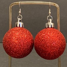 Glittery Red Christmas Ornament Earrings Dangle Silver Plated Holiday Party Cute