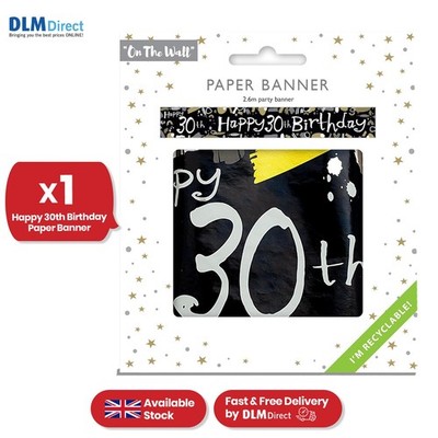 Banner Happy 30. Geburtstag, schwarz weiß 2,6m recycelbar Meilenstein Schild