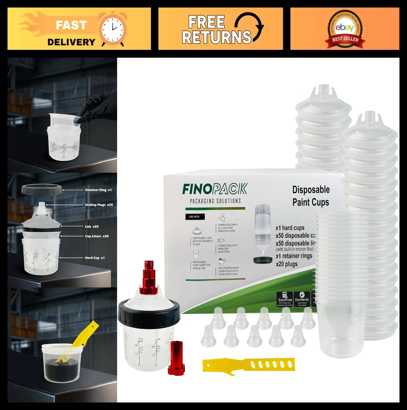 50 Pack Disposable Paint Cups 6oz Mixing Cups for Spray Gun + Lids & Liners