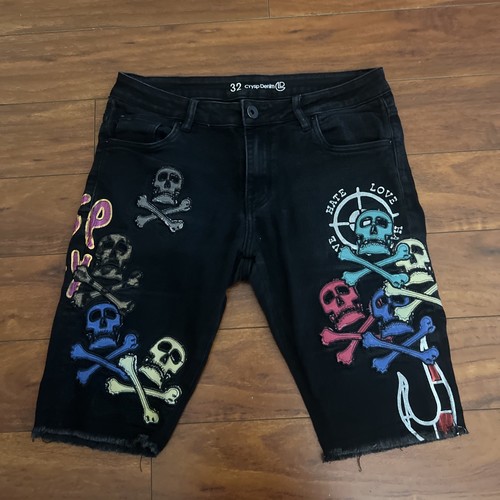 Crysp Denim Jean Shorts Jorts Men's 32 Black Stretch Denim Skull Embroidered Y2K - Picture 5 of 14