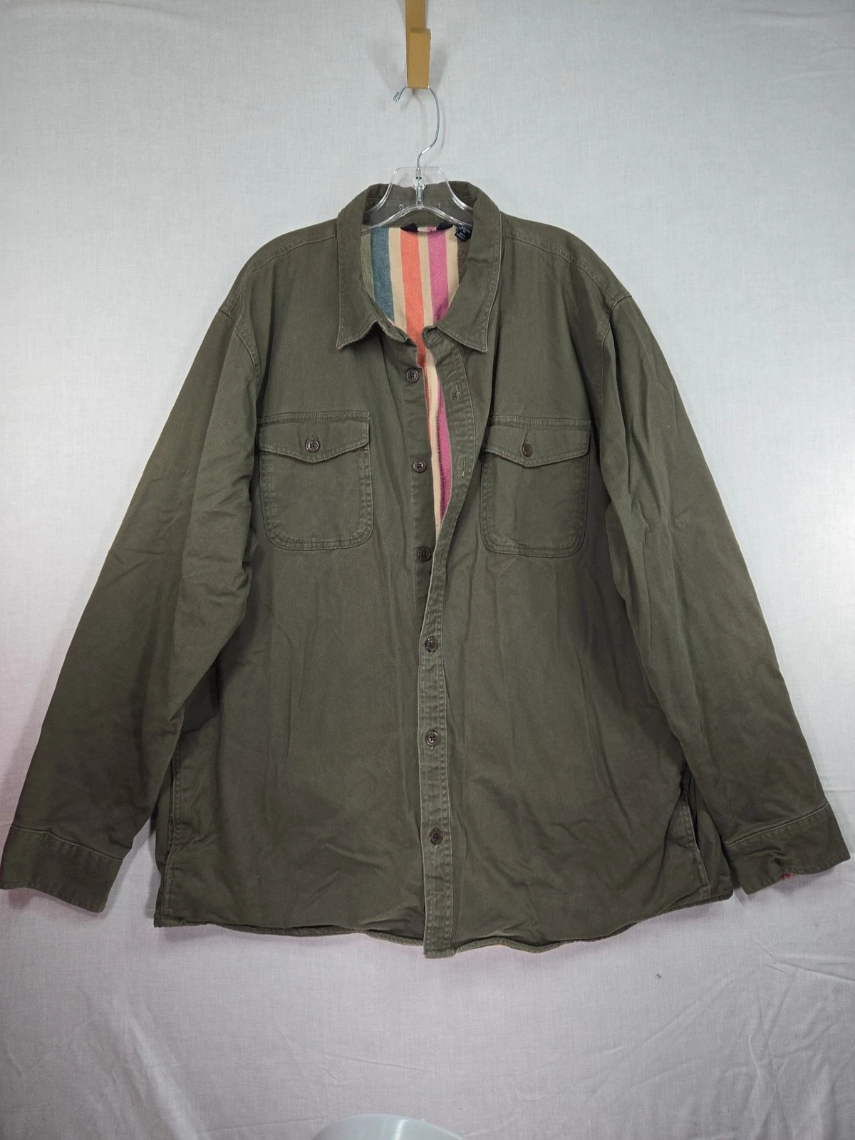 Lands End Shacket Army Green Shirt Men XL Striped Flannel Lined Pockets Gorpcore