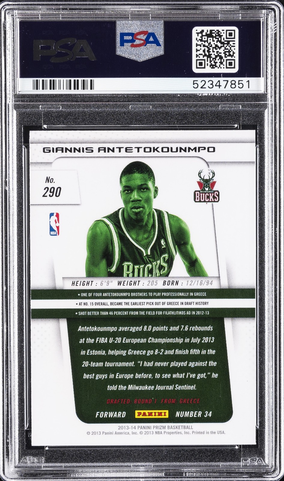 2013 PANINI PRIZM #290 GIANNIS ANTETOKOUNMPO ROOKIE RC PSA 10 view 2