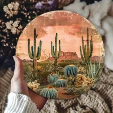 1pc 2D 2D Flat, 1pc Vintage Desert Sunset Cactus Metal Wall Art- 7.87x 7.87inch