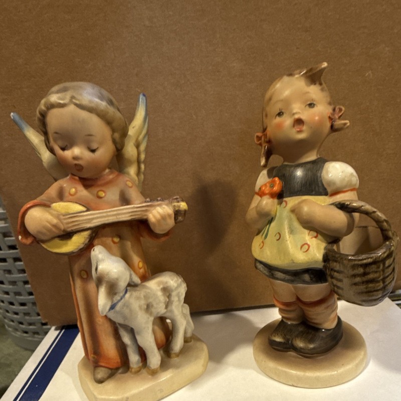 Goebel Hummel 2pc Ceramic Figurines Angel & Girl Basket Germany