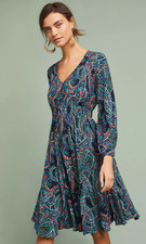Anthropologie Maeve Maplewood Paisley Long Sleeve V-Neck Midi Dress Women's S BD