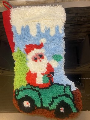 Vintage Giant 23  Tall Handmade Latch Hook Santa In Car Christmas Stocking