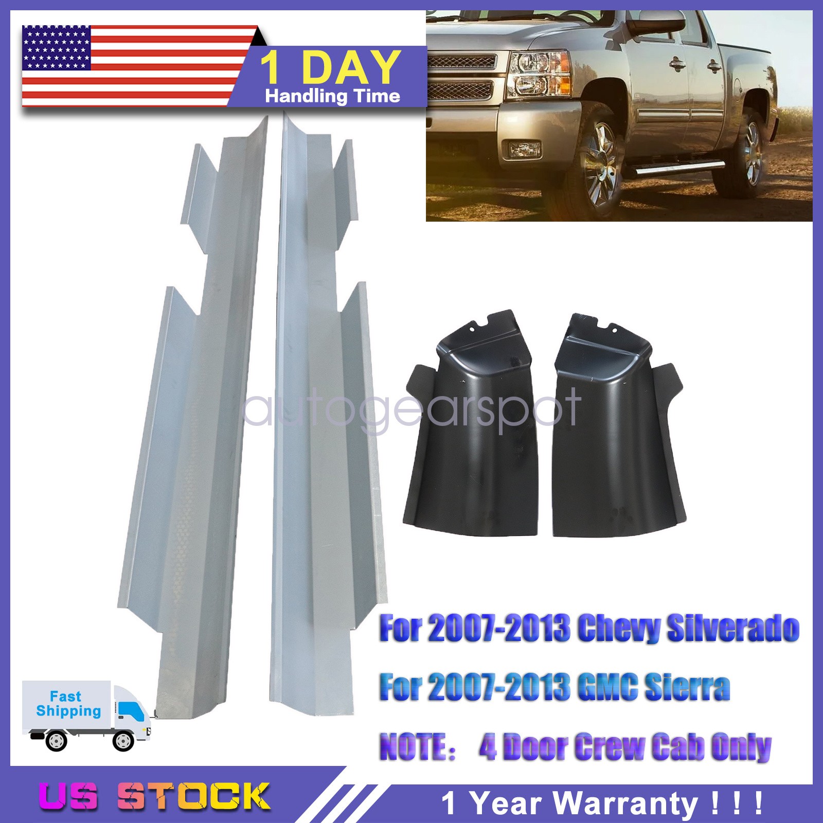 For 2007-2013 Silverado Pair 4 Door Crew Cab Outer Rocker Panel And Cab Corner