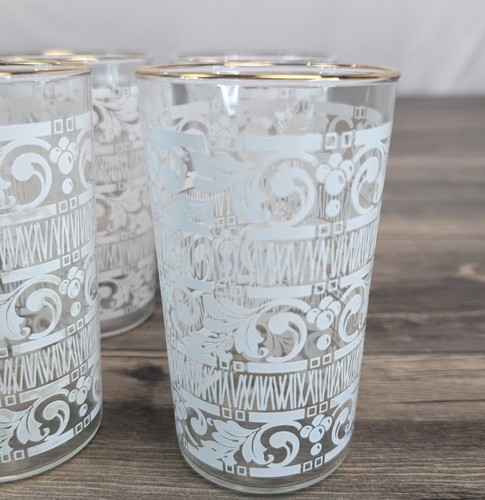 Vintage 50er Glaswaren Tassen mit Goldrand & weiß geätztem Design 5" Trinkgläser - Bild 4 von 12
