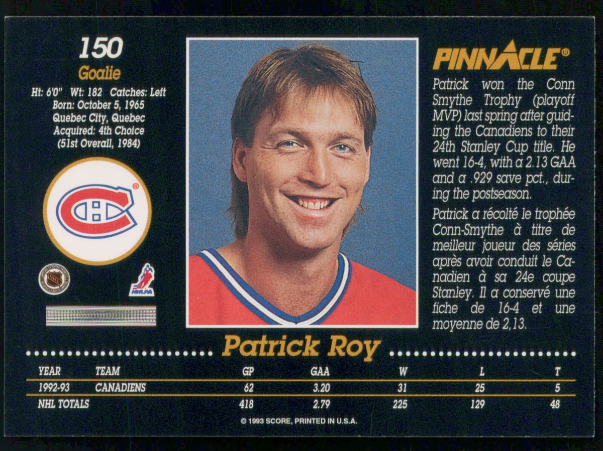額縁b ★ マークキングゴルフシリーズ Morning Patt PATRICK ROY 1993-94 PINNACLE CANADIAN 93-94 NO 150 6406 | eBay