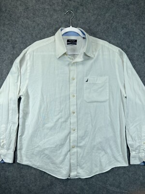 Nautica Ocean Washed Button Up Shirt Mens 35 Neck 16.5 White Long Sleeve Work