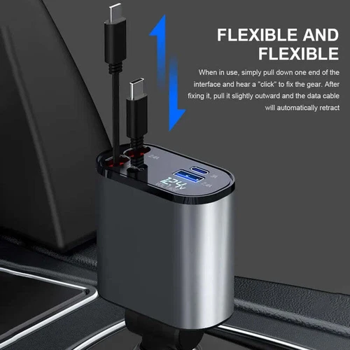 4 IN 1 Retractable Car Charger Cable Dual Port USB C PD Fast Charging Adapter US - 第 7/12 張圖片