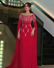 Off Shoulder Red Long Sleeves Beaded Evening Dresses Floor Length Formal Party