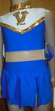Dance CHEERLEADER COSTUME nude inset Sequin V Royal blue carwash skirt Small Ch