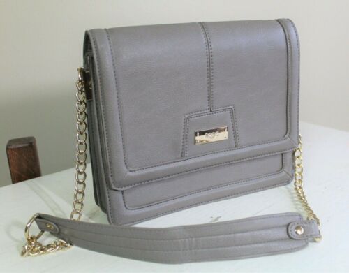 BCBG Paris Purse Handbag Taupe Gray Faux Leather Flap Gold Chain Magnet Fold