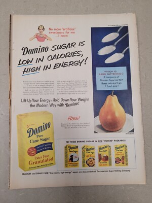 VTG 1956 Original Magazine Ad DOMINO SUGAR Fewer Calories Than 1 Fresh Pear