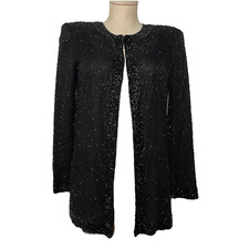 Stenay Women Jacket Formal Beaded Open Front Silk Cocktail Black VTG S