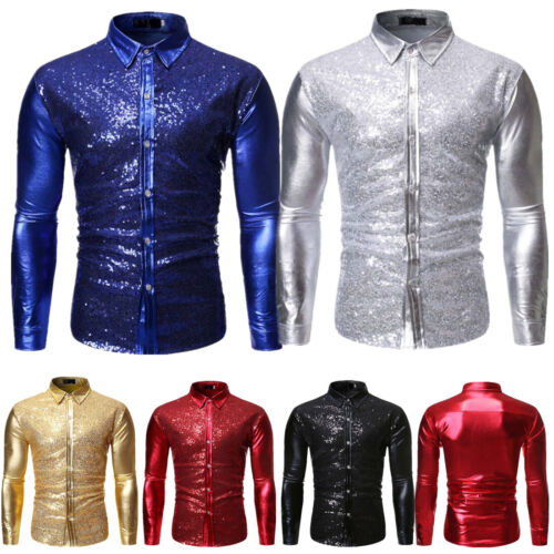 Men Sparkly Sequins Button Down Dress Shirt Disco Shirt Party Clubwear Tops - Afbeelding 1 van 24