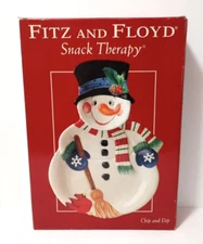 Fitz and Floyd Snack Therapy Christmas Lg Snowman Chip & Dip Tray w Box 17"