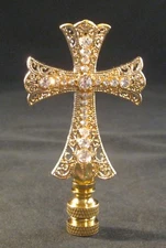 Lamp Finial-GOLD RHINESTONE CROSS Lamp Finial-Polished Brass Base