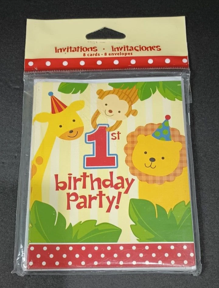 Zoo Jungle Safari Animals Cute Kids 1st Birthday Party Invitations w/Envelopes - Image 3 of 4