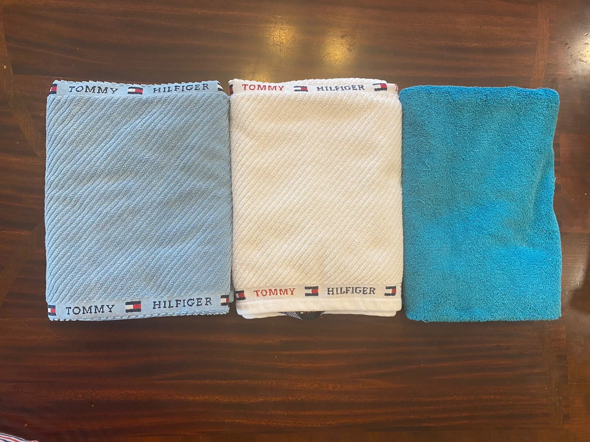 Set of 3 Tommy Hilfiger Spellout Logo Cotton Bath Towels White Teal Ocean  Blue