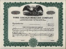 York Lincoln-Mercury Company Stock Certificate Pennsylvania Automobile