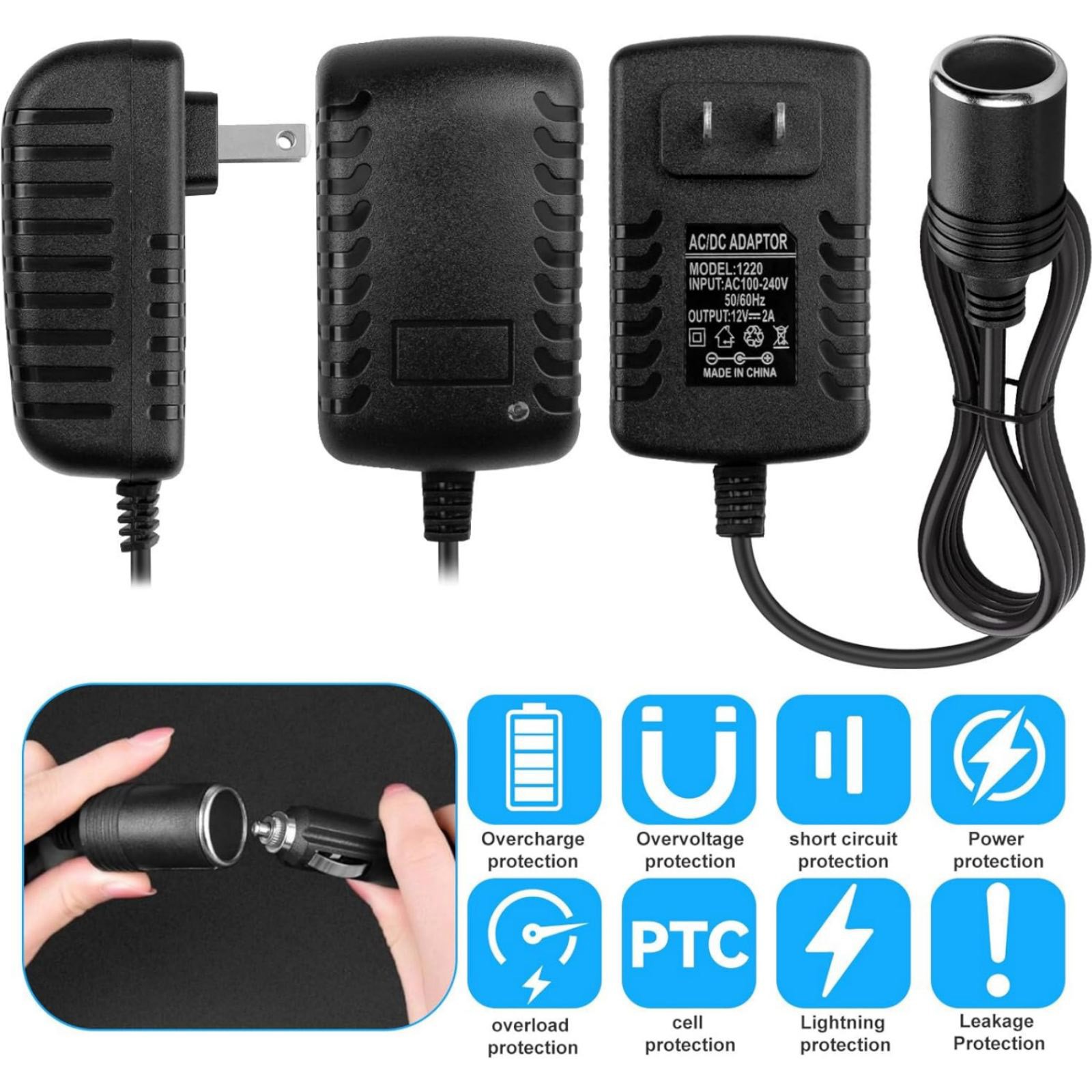 12V-2A Standard US 2-Pins Plug Car Cigarette Lighter Converter Socket Adapter