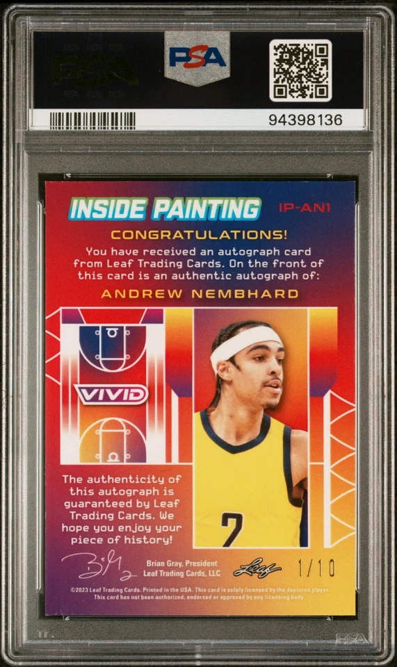 PSA 9 - ANDREW NEMBHARD #d 1/10 Auto 2022 Leaf Vivid Inside Painting RC - ORANGE - Image 2 of 2