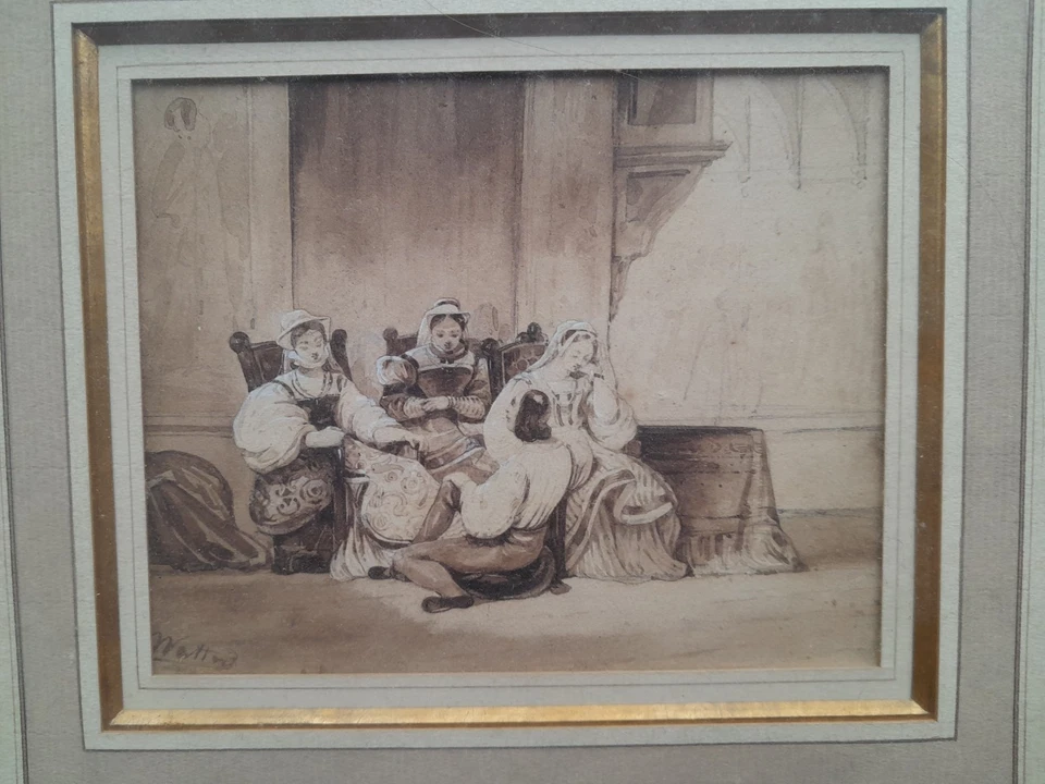 dessin ancien 19ème scène époque romantique signée personnage signé - Photo 2/4