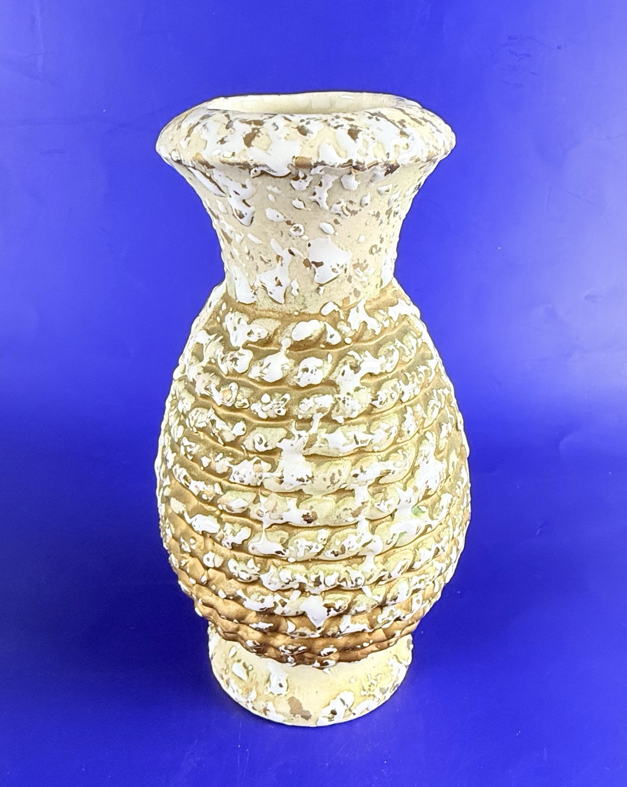 Vintage Brutalist Vase Popcorn Hand Thrown Ceramic Drip Glaze w/ 22k Gold White