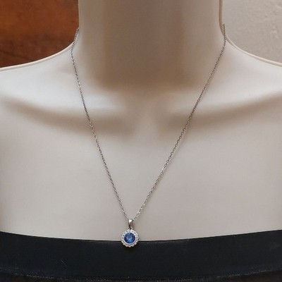 Blue Crystal Halo Dainty Round Pendant Silver Tone Necklace