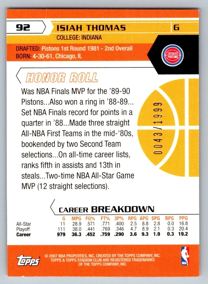 Stadium Club 2007 primera edición del día Isiah Thomas 92 0043/1999 Foto 2 de 2