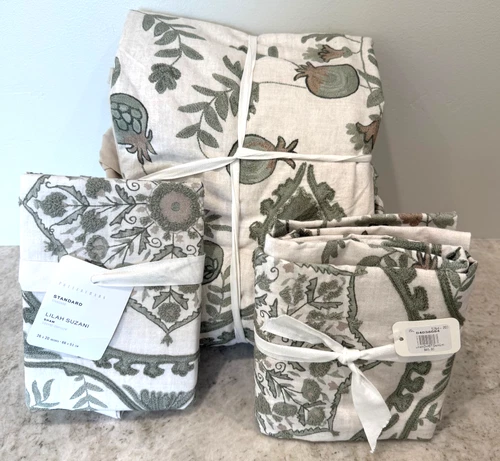 Pottery Barn Lilah Suzani Embroidered KING duvet cover 2 standard shams green