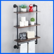 Rustic Iron Pipe 3-Tier Floating Shelf with Towel Bar   Elegant Bathroom Storage