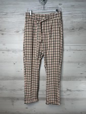 Almost Famous Pants Womens Large Tan Black Plaid Belted Trousers Soft Stretch