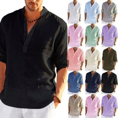Herren Leinen-Optik Bluse Langarm Hemd Freizeit Knopf T-Shirt Oberteile Tops DE