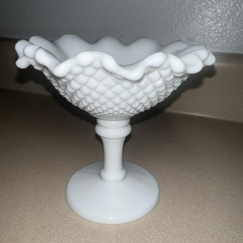 Vintage Westmoreland English Hobnail Milk Glass Crimped Round Compote Candy Dish