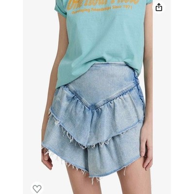 MOTHER The Ruffle Mini Skirt Women 25 Light Blue Raw Hem Tiered Action Shot Wash