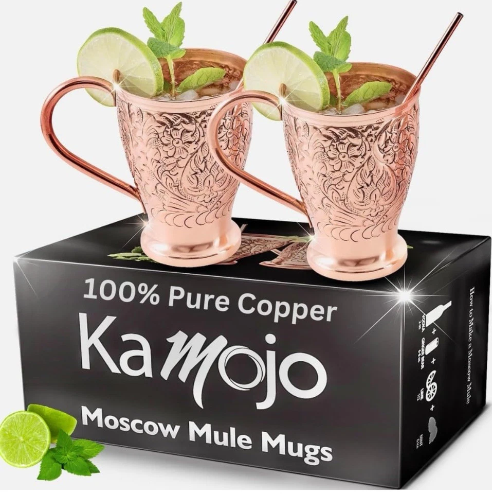 Moscow Mule Copper Mugs - Handmade Embossed Set of 2 Pure Cups - Image 1 of 1