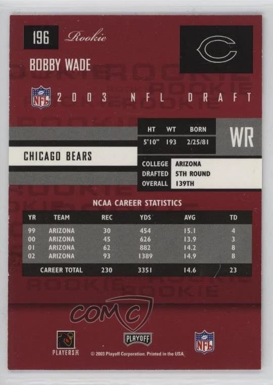2003 Playoff Prestige Rookie Bobby Wade #196 Rookie RC - Image 2 of 2