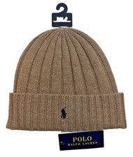 New POLO RALPH LAUREN Men's Signature Merino Cuffed Beanie Brown w/Front Logo